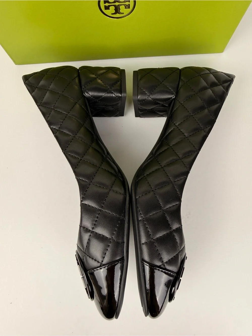 Tory Burch Chelsea 50mm Quilted Pumps Black Leather Patent Cap Toe Block Heels